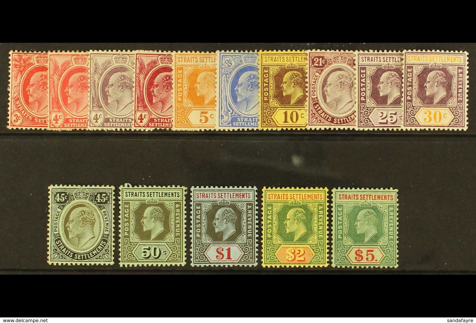 1906 Ed VII Set To $5 Complete, SG 153/167, Fine To Very Fine Mint. The $5 Top Value Showing The "SPAVEN" FLAW (R1/3) Wh - Straits Settlements