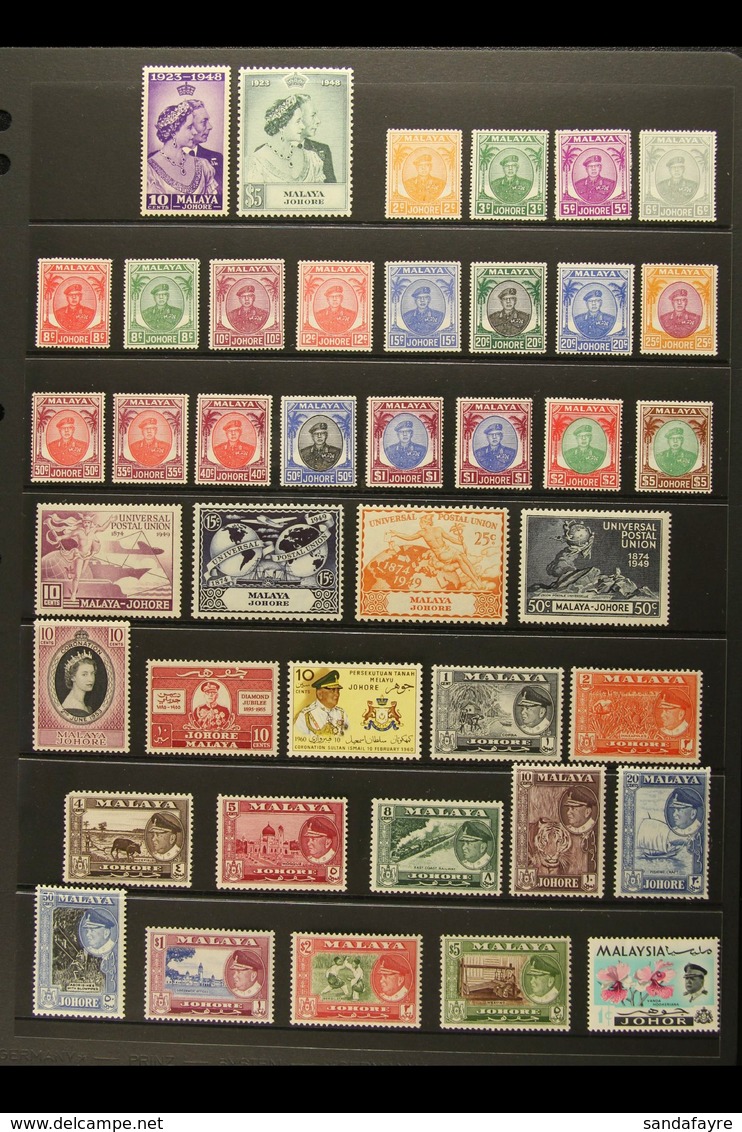 JOHORE 1948-65 FINE MINT COLLECTION On A Stock Page. Includes 1948 RSW Set, 1949-55 Definitive Range To $5 (set Less 1c  - Altri & Non Classificati