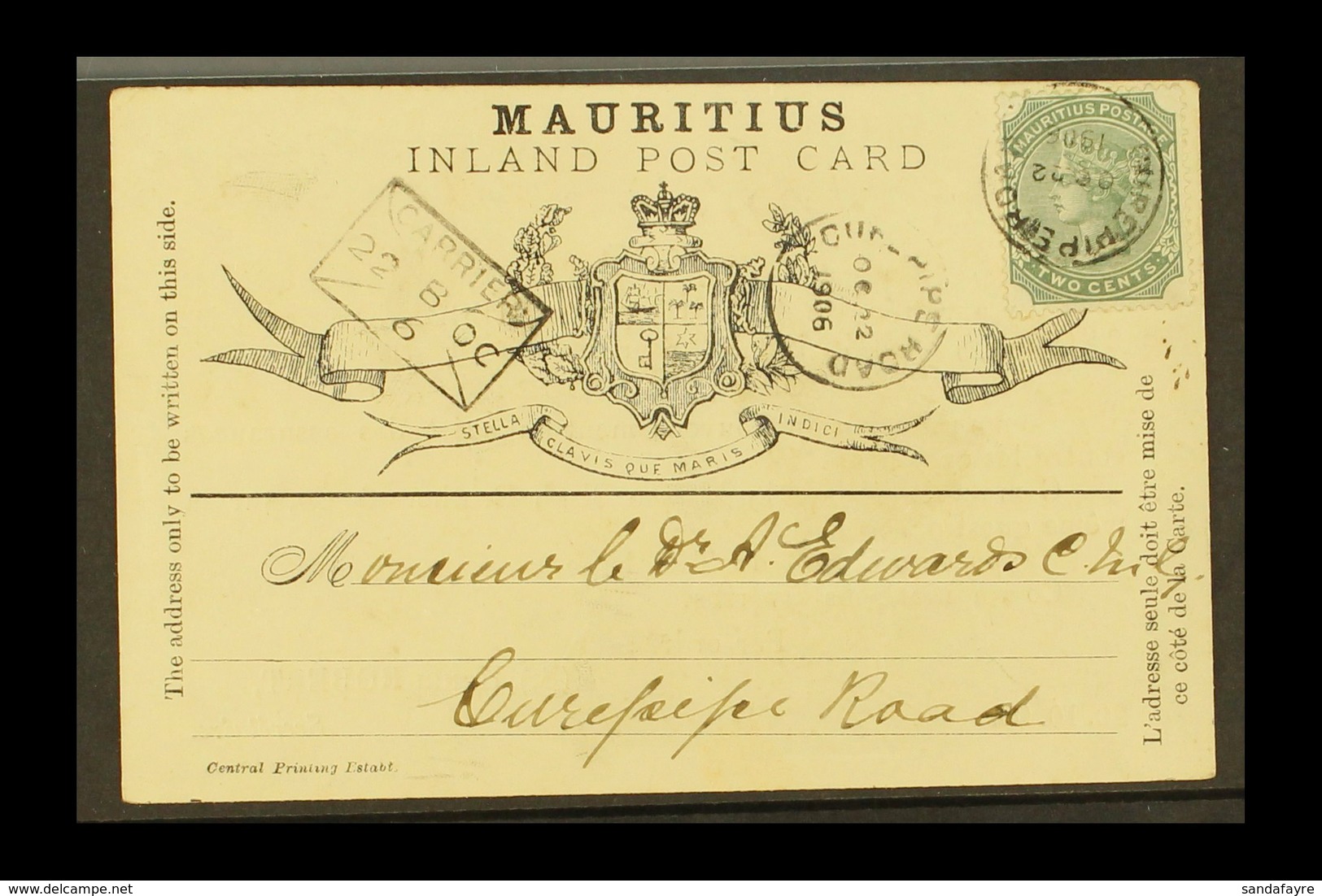 1906 (22 Oct) Formular Card With QV 2c Green Adhesive Tied By Curepipe Road Cds; Alongside "envelope" Carrier Cachet And - Mauritius (...-1967)