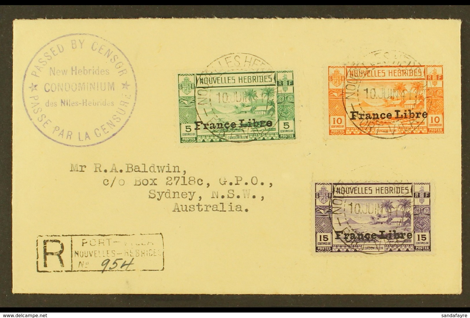 FRENCH 1941 (10 June) Registered Censored Cover To Australia Bearing 1941 5c, 10c & 15c "France Libre" Overprints (SG F5 - Other & Unclassified