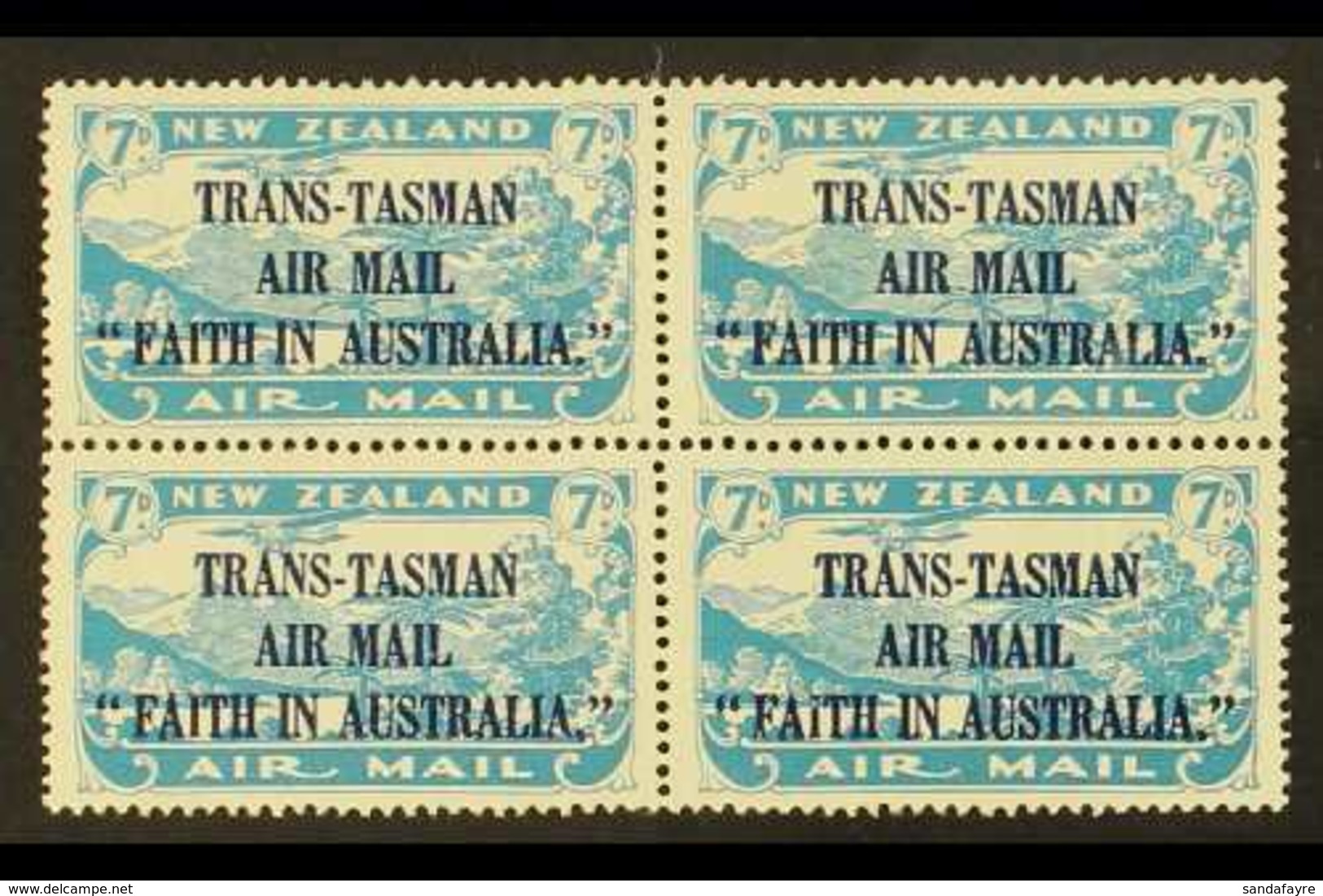 1934 7d Light Blue, "Trans-Tasman Air Mail" Ovpt In A BLOCK OF FOUR, SG 554, Mint, Hinged On Top Pair, Lower Pair Never  - Altri & Non Classificati