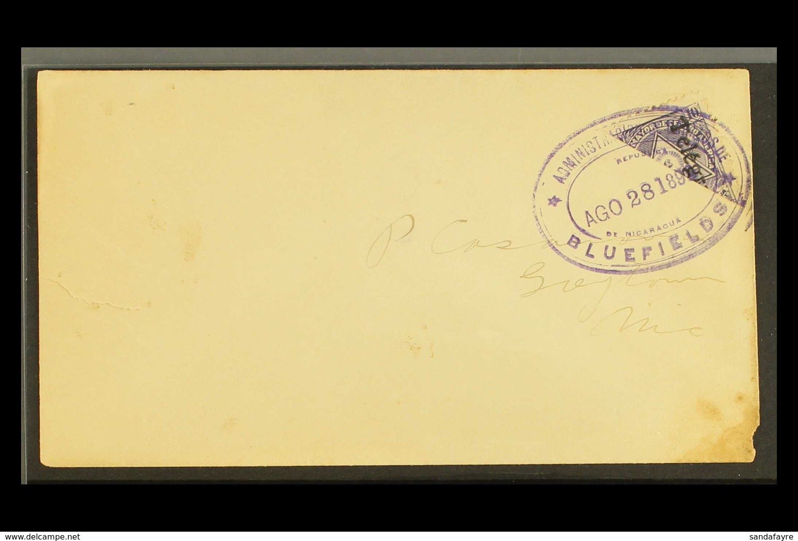 1899 (Aug 24) Cover To Greytown Bearing 1898 10c Violet Telegraph BISECT Tied By Bluefields Violet Oval Datestamp; On Re - Nicaragua