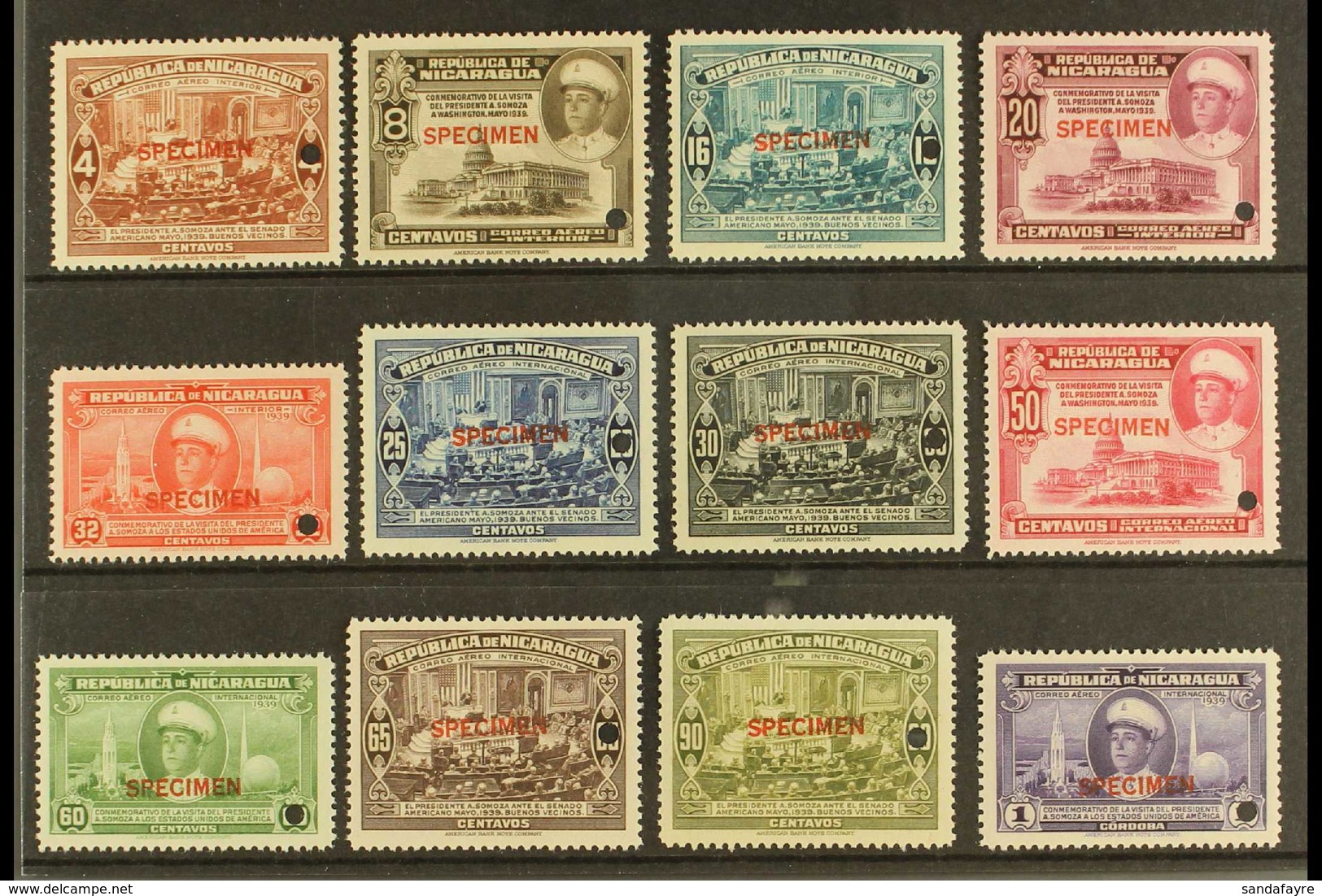 1940 Air President's Visit Complete Set With "SPECIMEN" Overprints (SG 1034/45, Scott C241/52), Very Fine Never Hinged M - Nicaragua