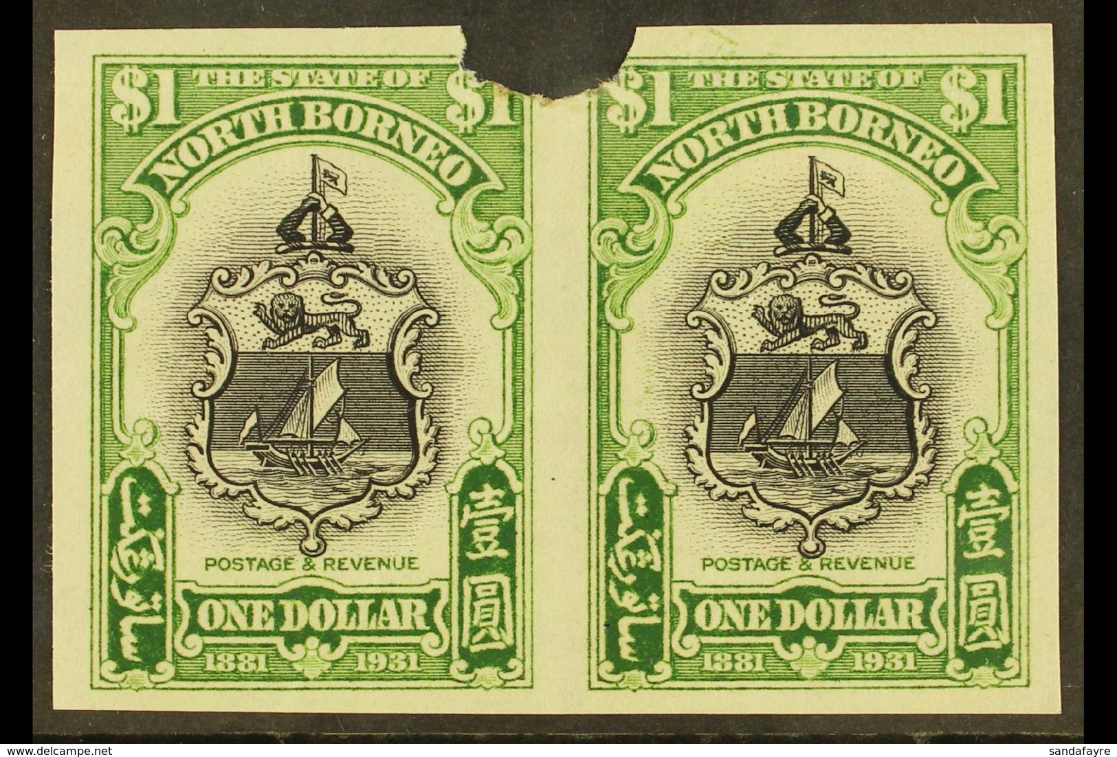 1931 IMPERF PLATE PROOFS. 1931 $1 Black & Yellow-green 'Badge Of The Company' (SG 300) Horizontal IMPERF PLATE PROOF PAI - Borneo Del Nord (...-1963)