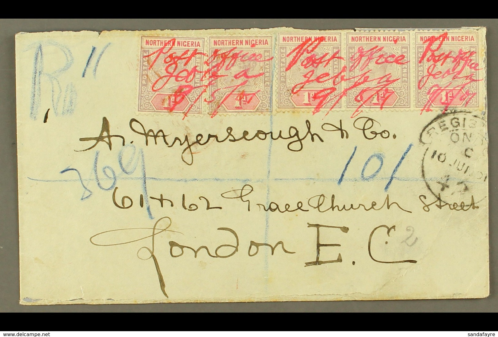 1901 "POST OFFICE JEBBA" MANUSCRIPT CANCELS ON REGISTERED COVER (9th May) Envelope Registered To London, Bearing 1d Dull - Nigeria (...-1960)