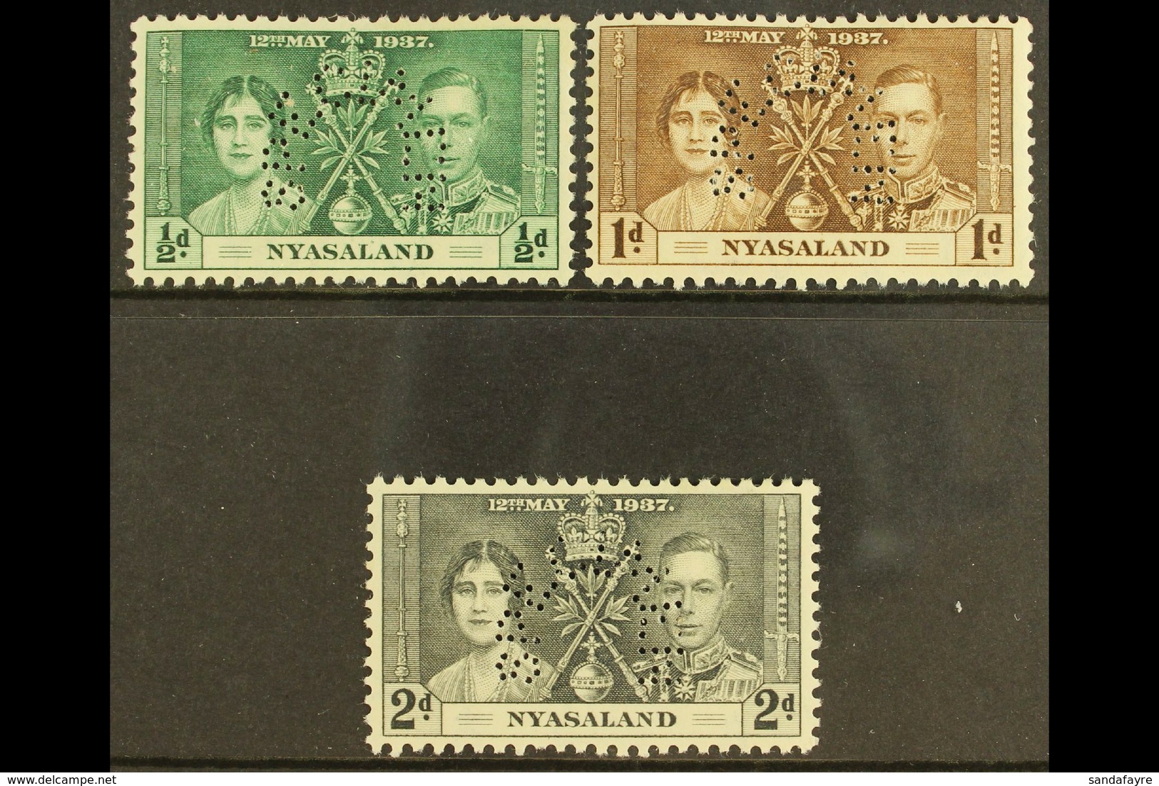1937 Coronation Set Complete, Perforated "Specimen", SG 127s/129s, Very Fine Mint. (3 Stamps) For More Images, Please Vi - Nyasaland (1907-1953)