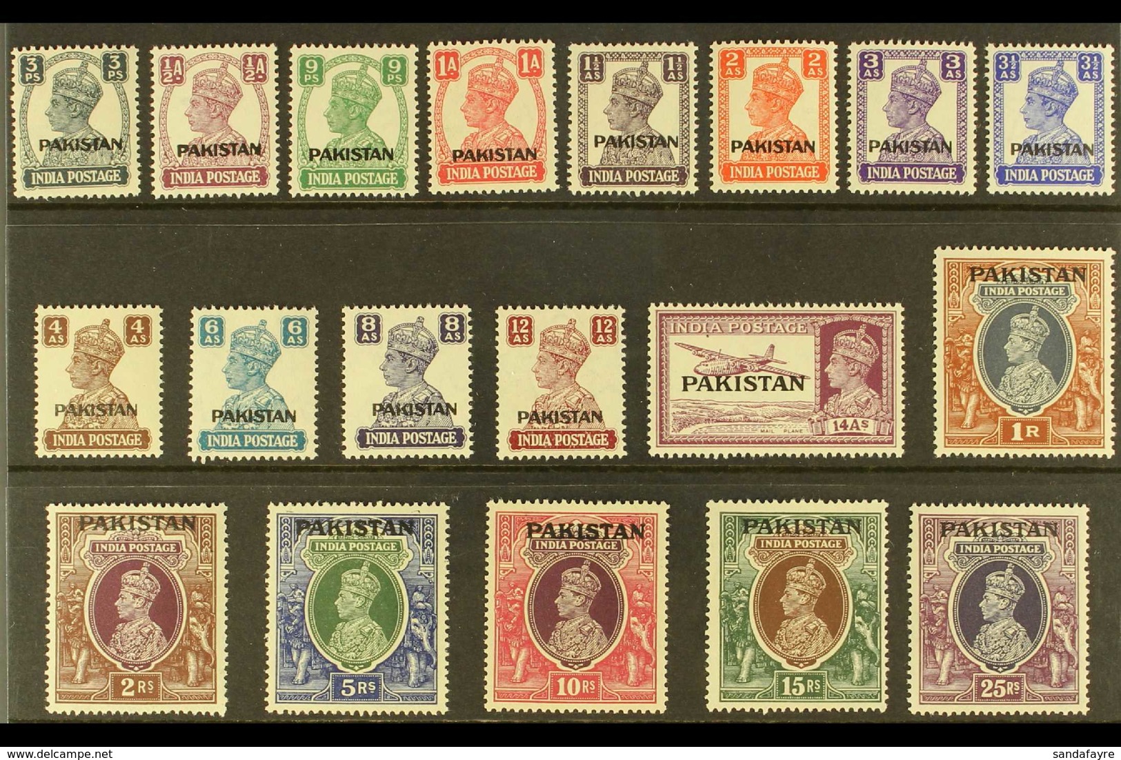 1947 Overprinted India KGVI Definitives Complete Set, SG 1/19, Very Fine Never Hinged Mint. (19 Stamps) For More Images, - Pakistan