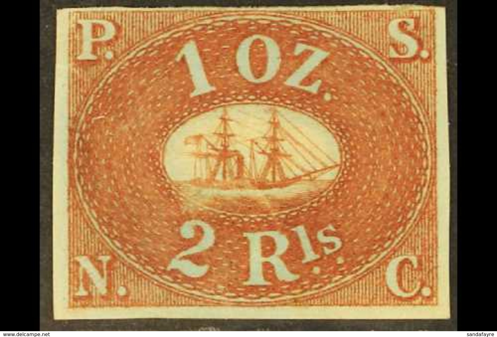 1857 PACIFIC STEAM NAVIGATION COMPANY 2r Brown-red On Blue Ship (Scott 2, SG 2), Fine Mint, Four Margins, Tiny Surface S - Peru