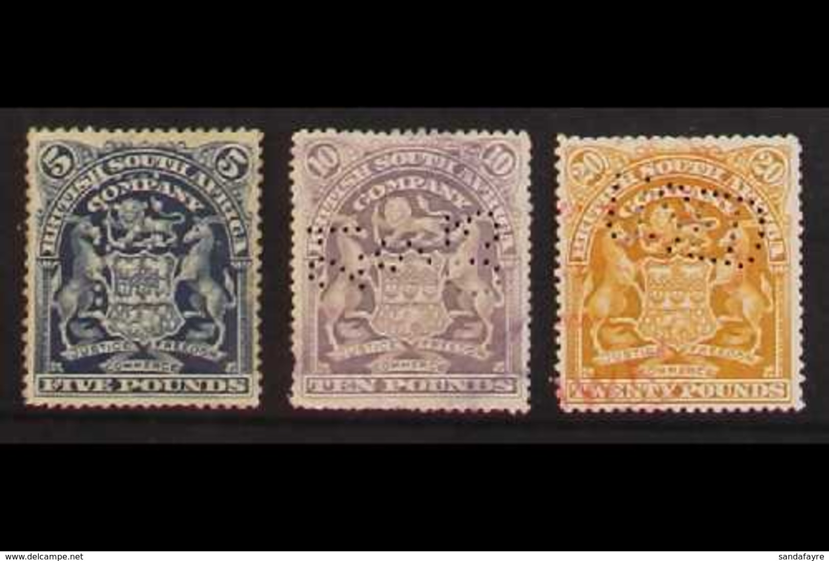 1898-1908 £5 Deep Blue, £10 Lilac & £20 Yellow-bistre, SG 92/93a (Barefoot 16/18), Fiscally Used With Perfins (3 Stamps) - Other & Unclassified