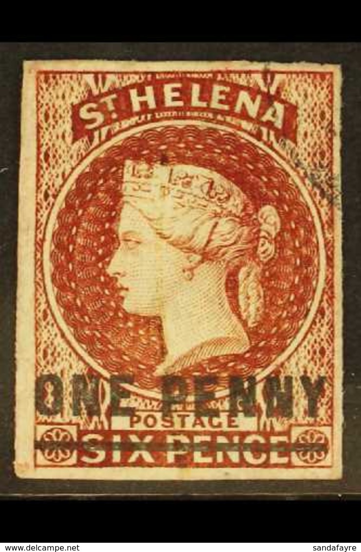 1863 1d Lake Surcharge On 6d (Type B), Watermark Crown CC, Imperf, SG 4, Fine Used With Four Good To Large Margins. For  - Isola Di Sant'Elena