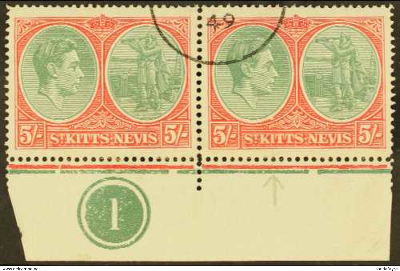 1938-50 5s Bluish Green And Scarlet, Ordinary Paper, Lower Marginal Plate Number Pair, One Showing Break In Oval At Foot - St.Kitts Und Nevis ( 1983-...)