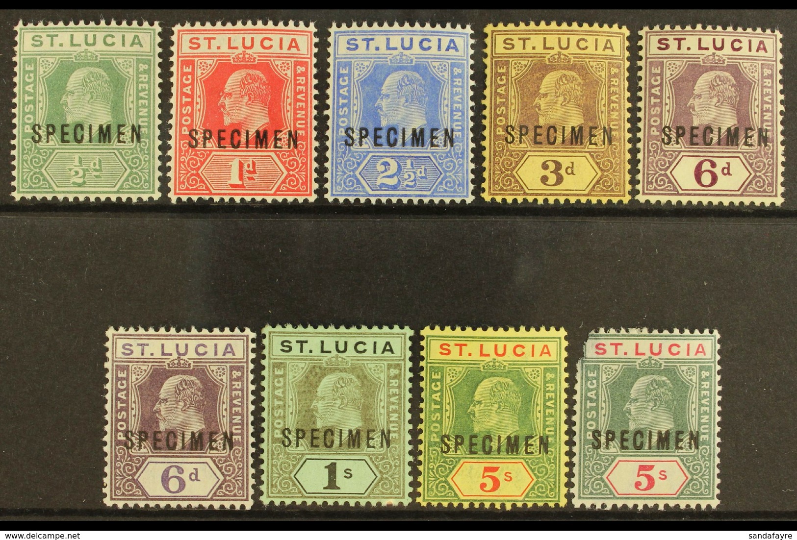 1904 Ed VII Set Wmk MCA Ovptd "Specimen", SG 65s/77s, Very Fine Mint. 5s Green And Carmine (SG 76s) Defective Top Right  - St.Lucia (...-1978)