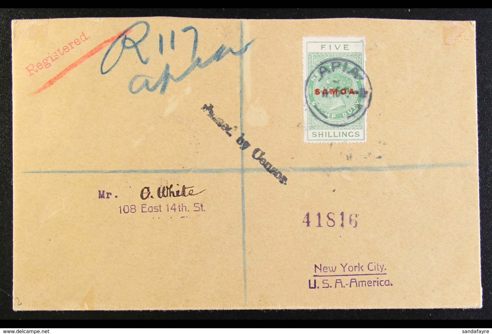 1915 (OCT) Registered Censored Cover To New York Bearing 1914-24 5s Yellow-green Postal Fiscal, Perf 14, SG 124, Tied By - Samoa (Staat)
