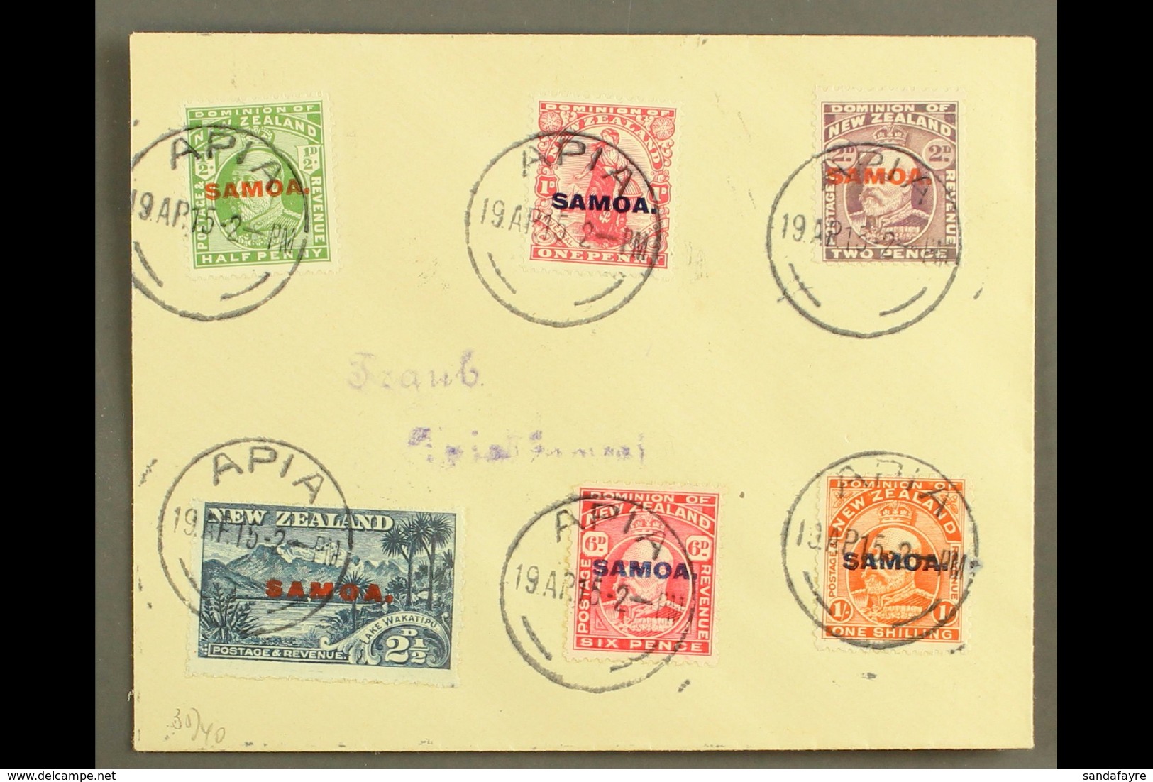 1915 KEVII New Zealand Overprints, Complete Set On Small Plain Cover, SG 115/21, Each With Strike Of "APIA" 19.4.15 Pmk. - Samoa