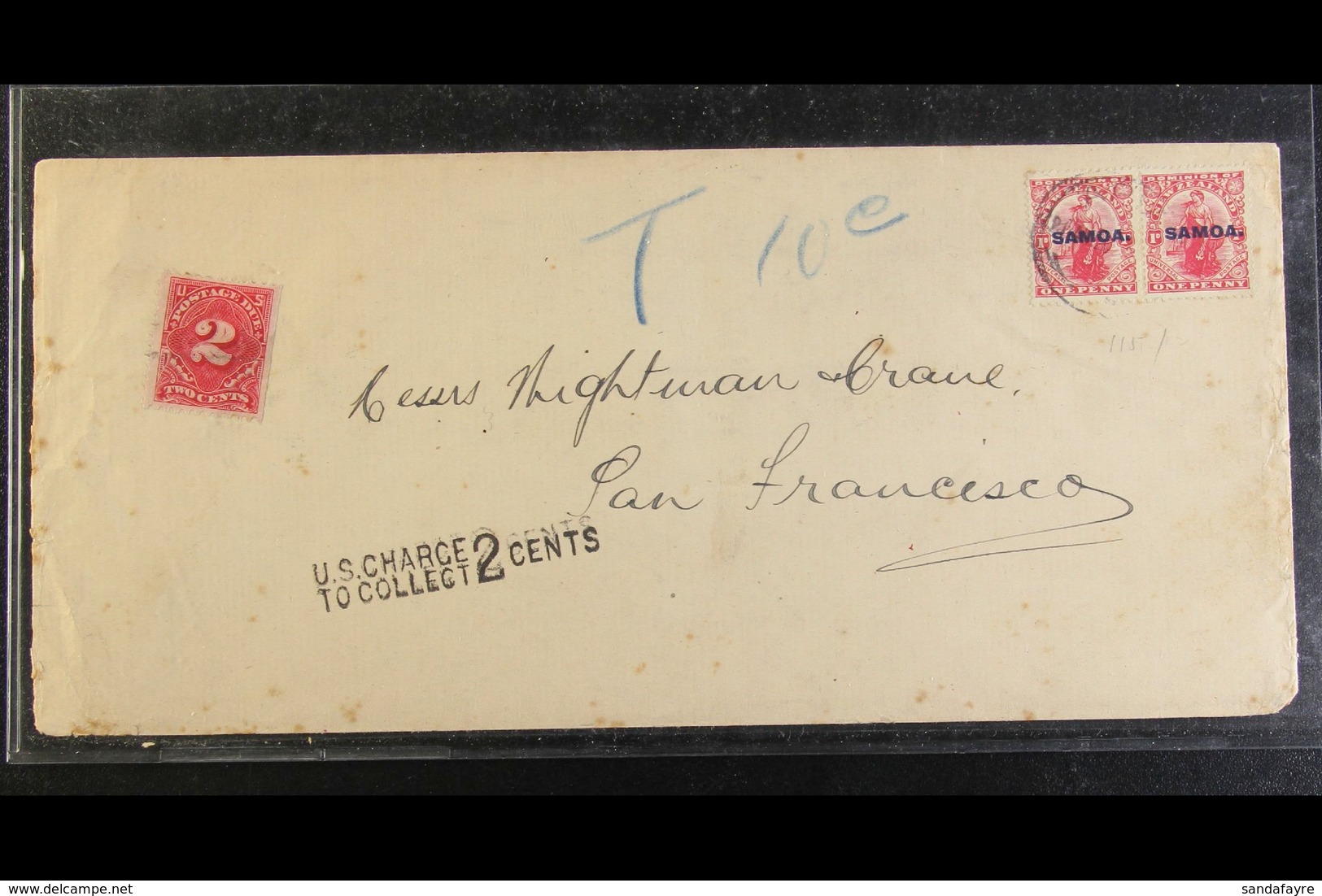 1920 Long Cover To San Francisco, Franked With 1d Pair, SG 116, Underpaid, "U.S. CHARGE TO COLLECT / 2 CENTS" Cachet And - Samoa