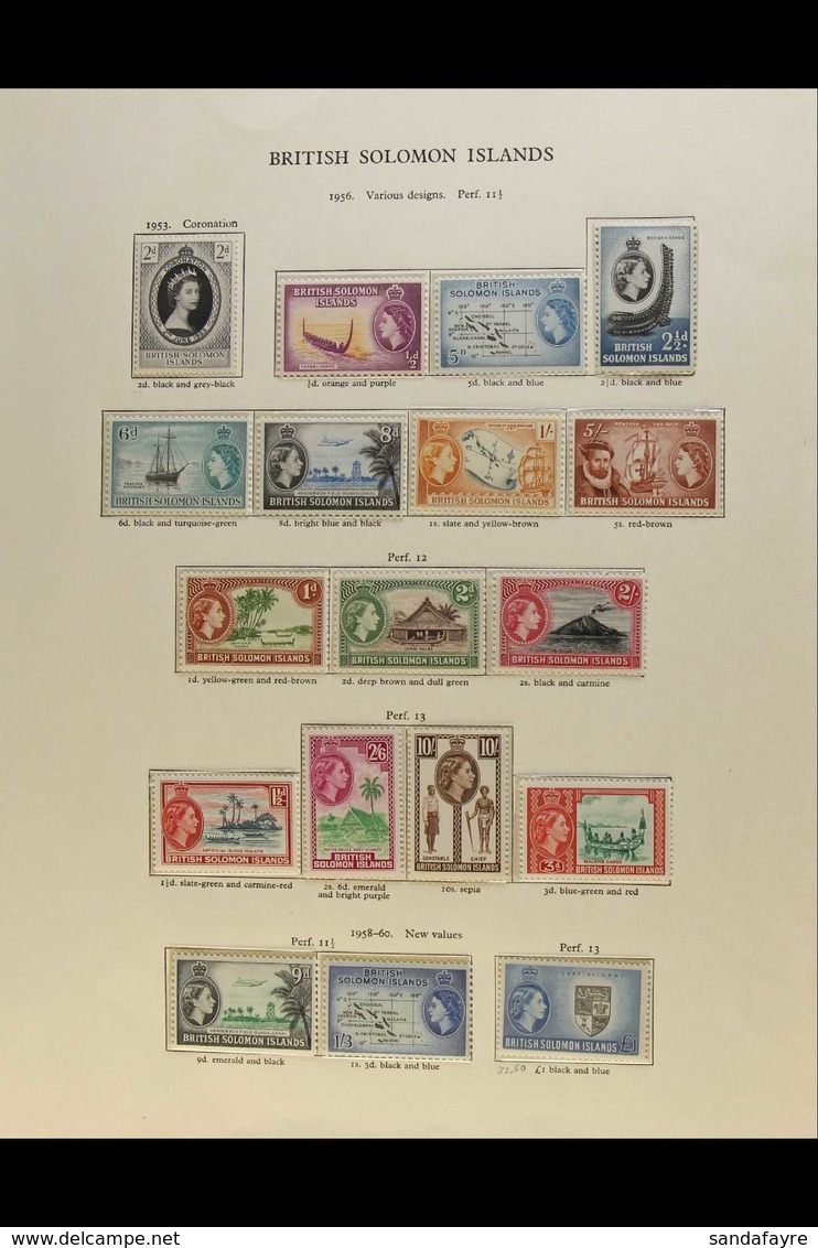 1956-63 NHM COLLECTION. Coronation & First Pictorial Definitive Set On A Printed Page, SG 81/96, Never Hinged Mint (18 S - Isole Salomone (...-1978)