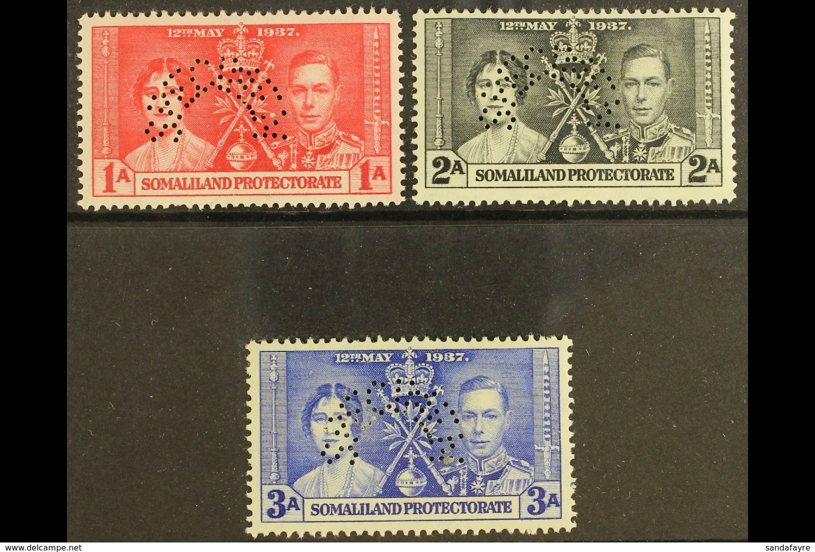 1937 Coronation Set Complete, Perforated "Specimen", SG 40s/42s, Very Fine Mint. (3 Stamps) For More Images, Please Visi - Somaliland (Protectorate ...-1959)