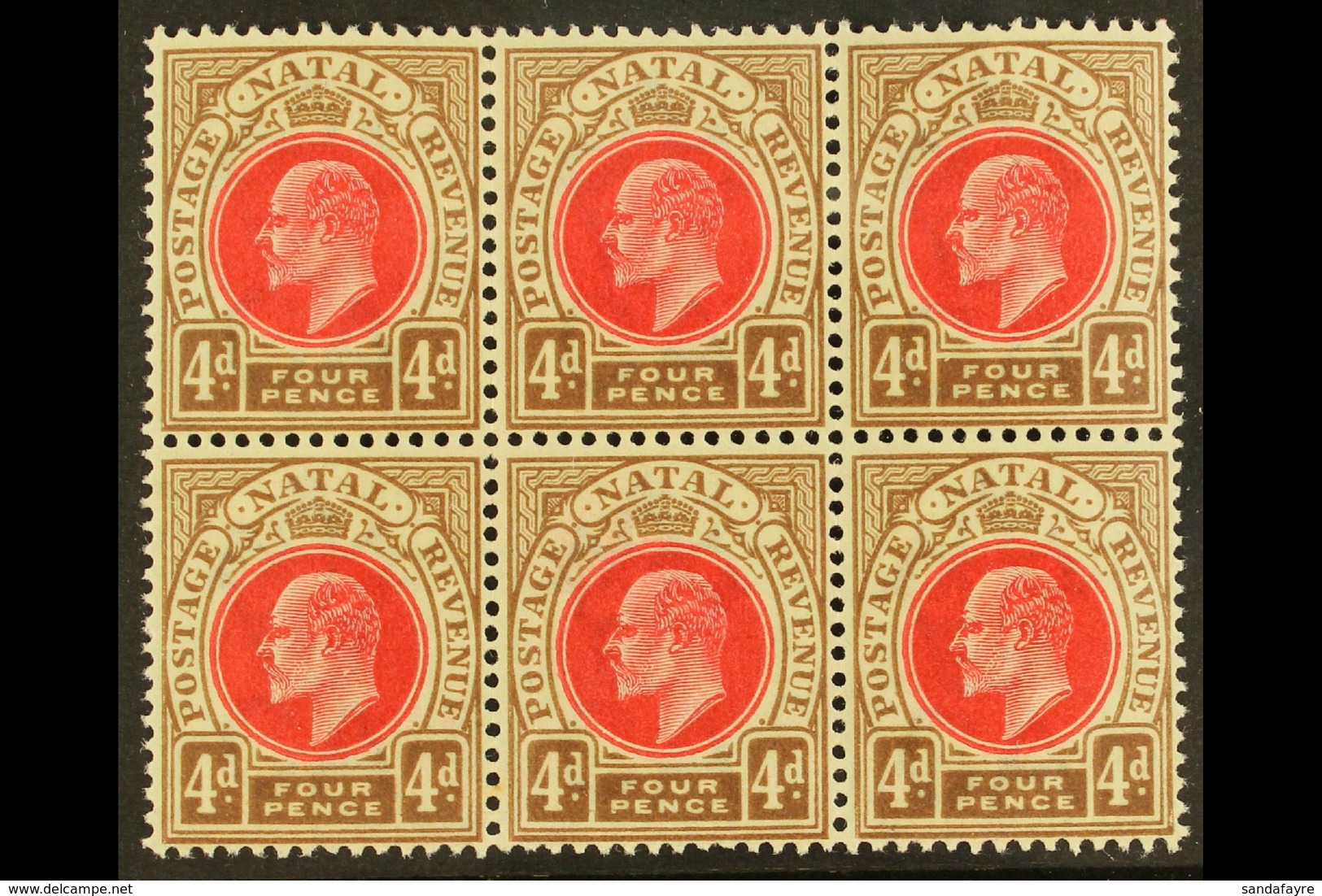 NATAL 1902-3 4d Carmine & Cinnamon, Wmk Crown CA , BLOCK OF SIX, SG 133, Very Slightly Toned Gum, Otherwise Never Hinged - Non Classificati