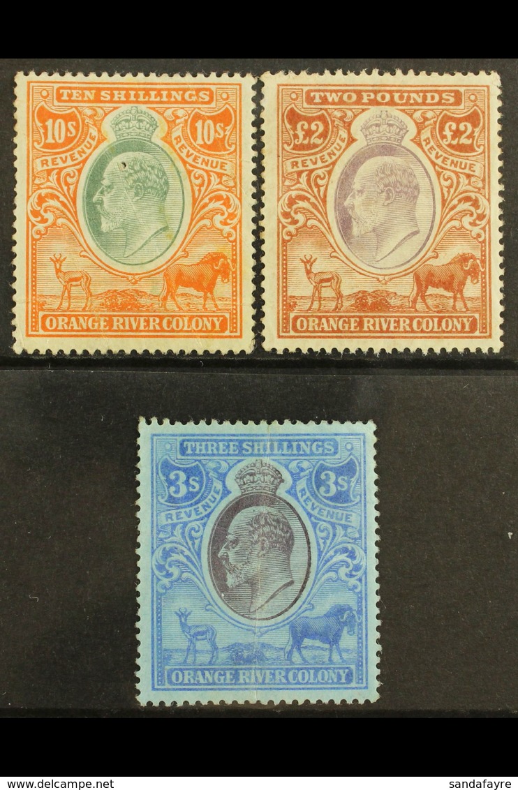 ORANGE RIVER COLONY REVENUES 1903 KEVII 10s Orange & Green, £2 Brown & Violet, Wmk Crown CC, 1905 3s Purple & Blue On Bl - Non Classificati