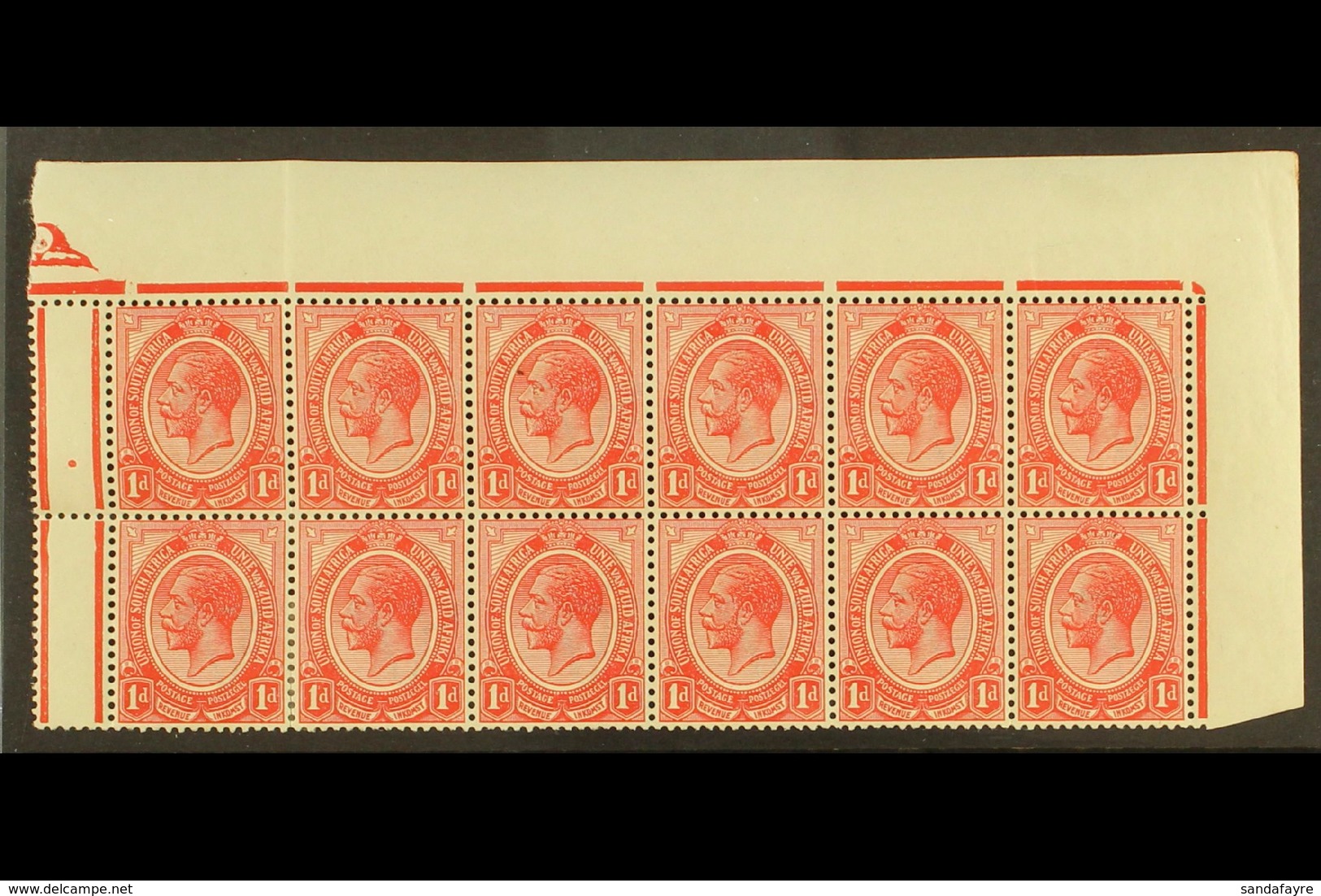 1913-24 1d Rose-red, Plate 1b Top Right Corner Block Of 12 (no Control Number) From Top Of Pane With Margins On Three Si - Non Classificati