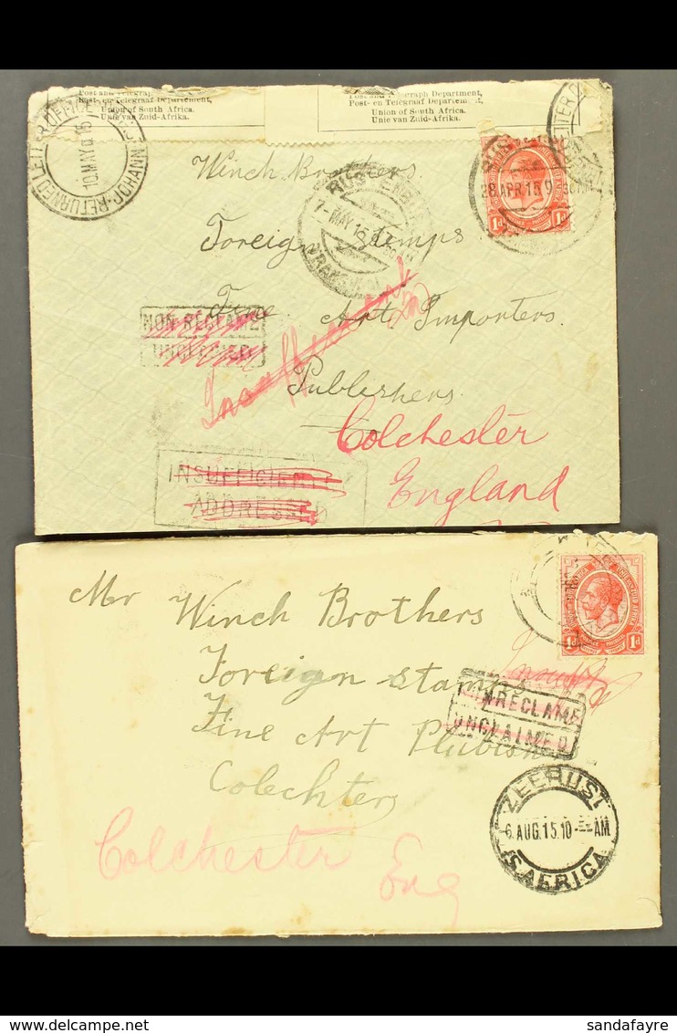 1915 UNRECLAIMED COVERS Pair Of Covers, Both Addressed To "Winch Brothers" In Colchester, Both With "Unclaimed" Cachets  - Non Classificati