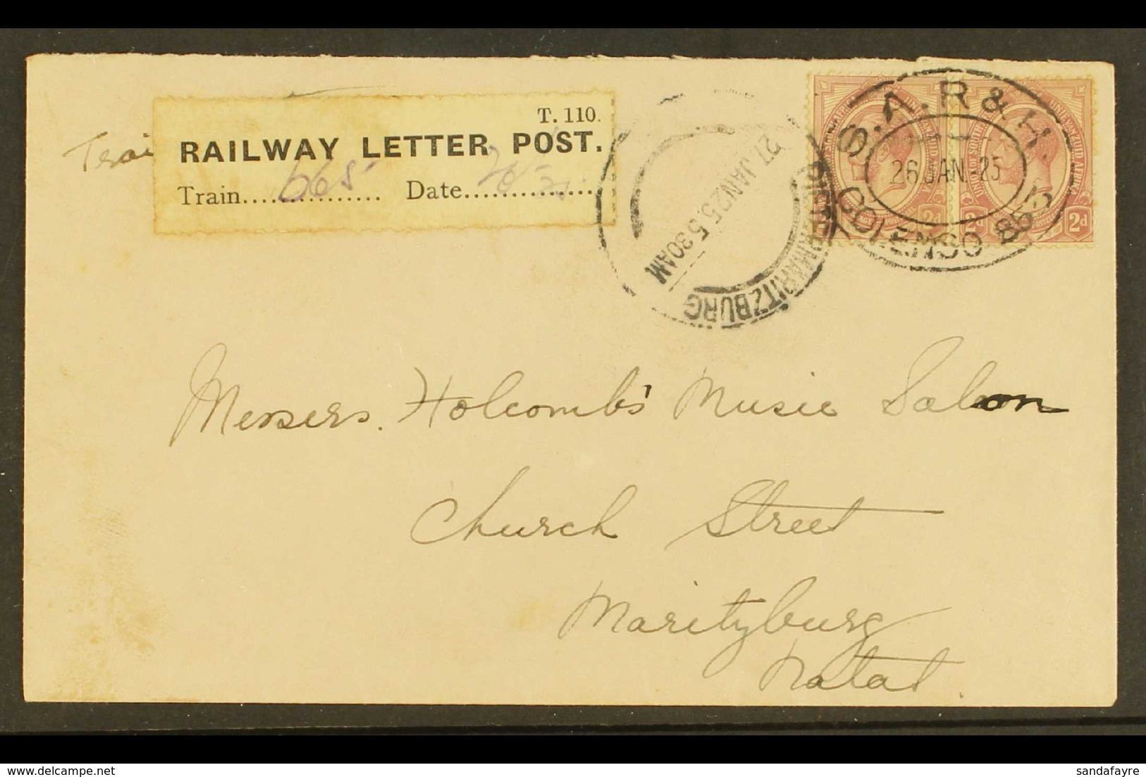 1925 RAILWAY LETTER POST COVER 2d KGV Pair On Cover, Cancelled With Oval "S.A.R. & H. COLENSO 853" 26.1.25 Postmark, "T. - Non Classificati