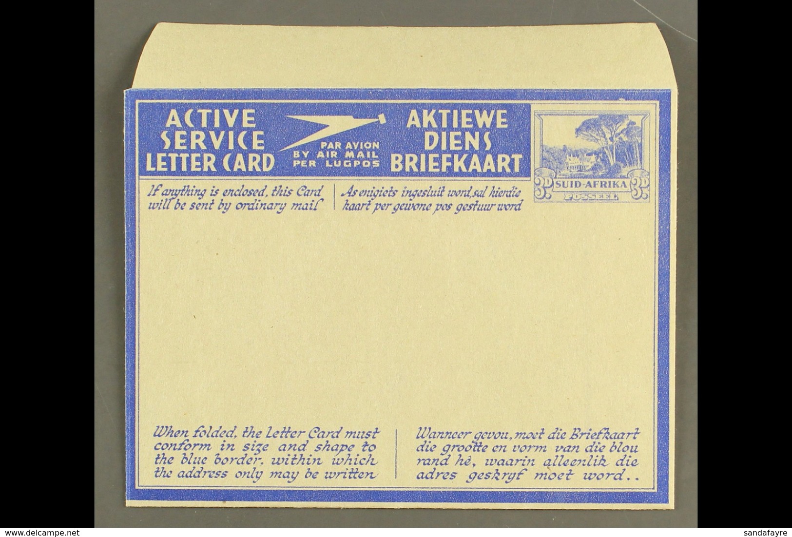 AEROGRAMME 1941 3d Ultramarine On Pale Buff With Blue Overlay, Afrikaans Stamp Impression With Tops Of Trees Touching Fr - Unclassified