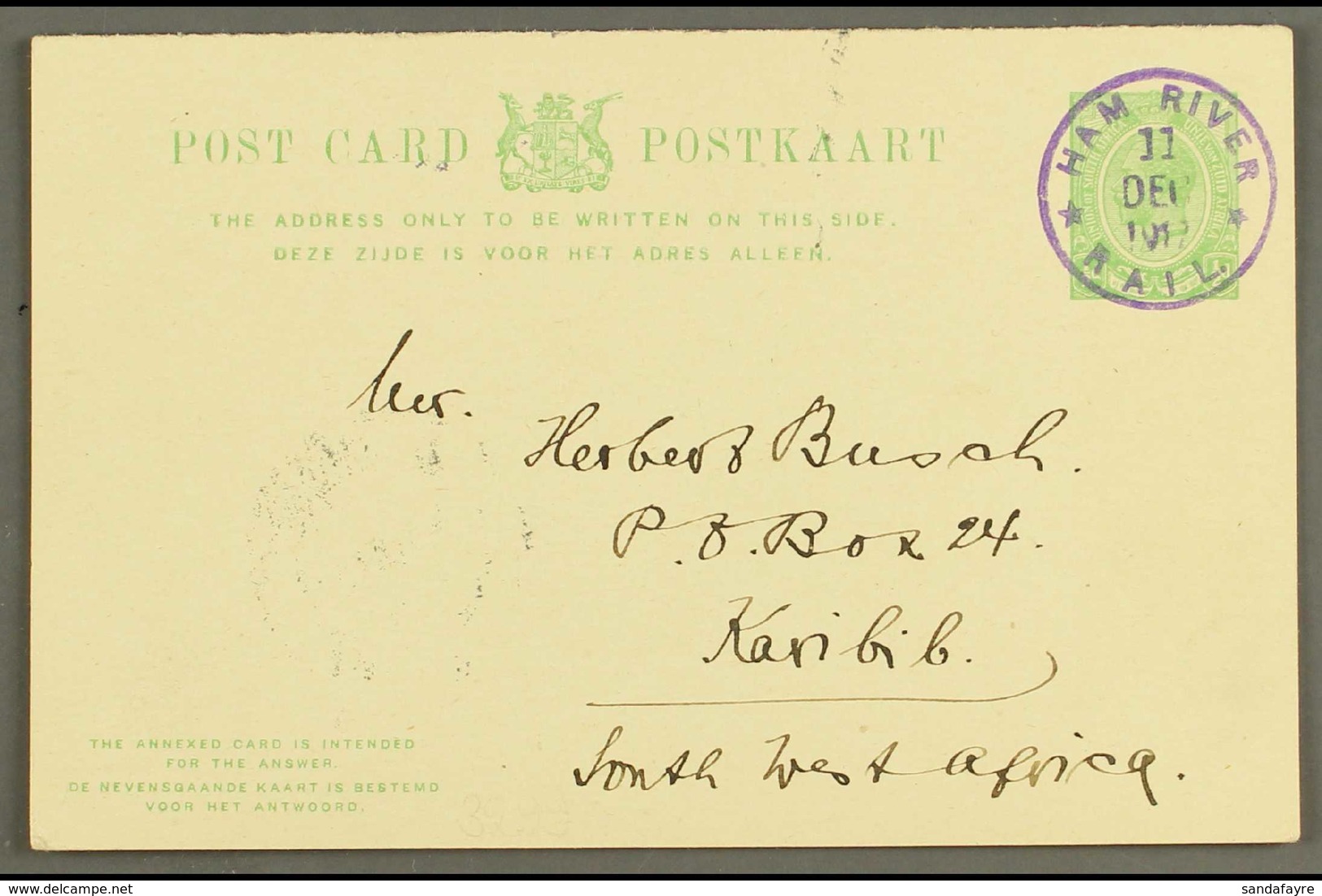 1917 (11 Dec) ½d Union Postal Card Addressed To Karibib With Superb Upright Violet "HAM RIVER / RAIL" Cds Postmark, Putz - South West Africa (1923-1990)