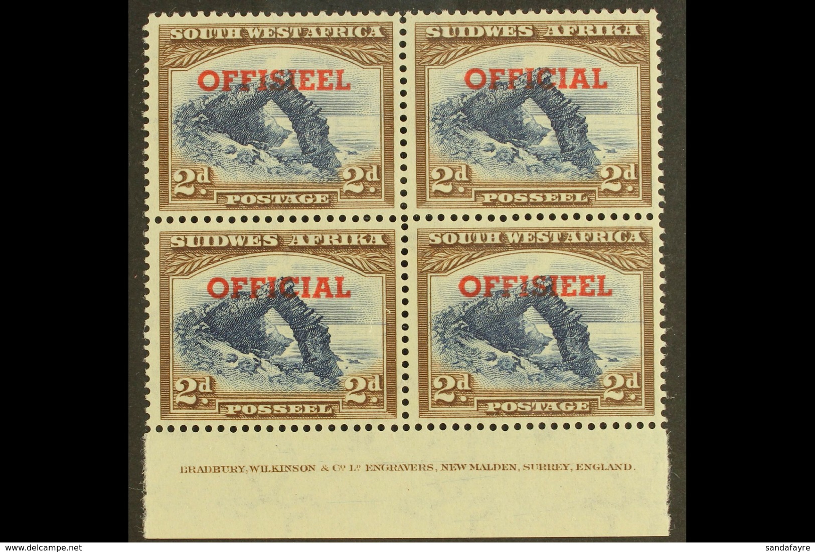 OFFICIAL 1951-2 2d TRANSPOSED OVERPRINTS In An Imprint Block Of Four, SG O26a, Top Pair Lightly Hinged, Lower Pair Never - South West Africa (1923-1990)