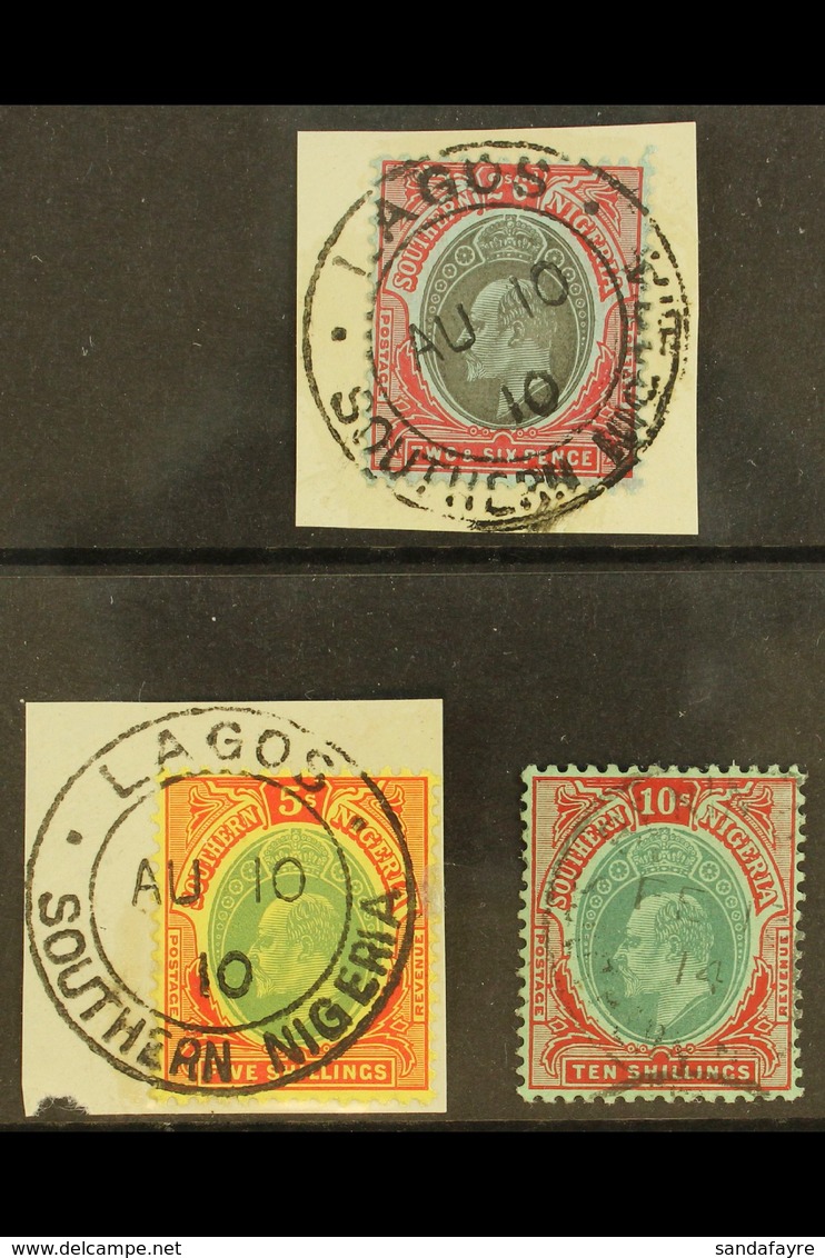 1907-11 2s6d To 10s Used, SG 41/43, 2s6d & 5s "on Piece" With Full, Upright Lagos Cds. Pretty Group (3 Stamps) For More  - Nigeria (...-1960)