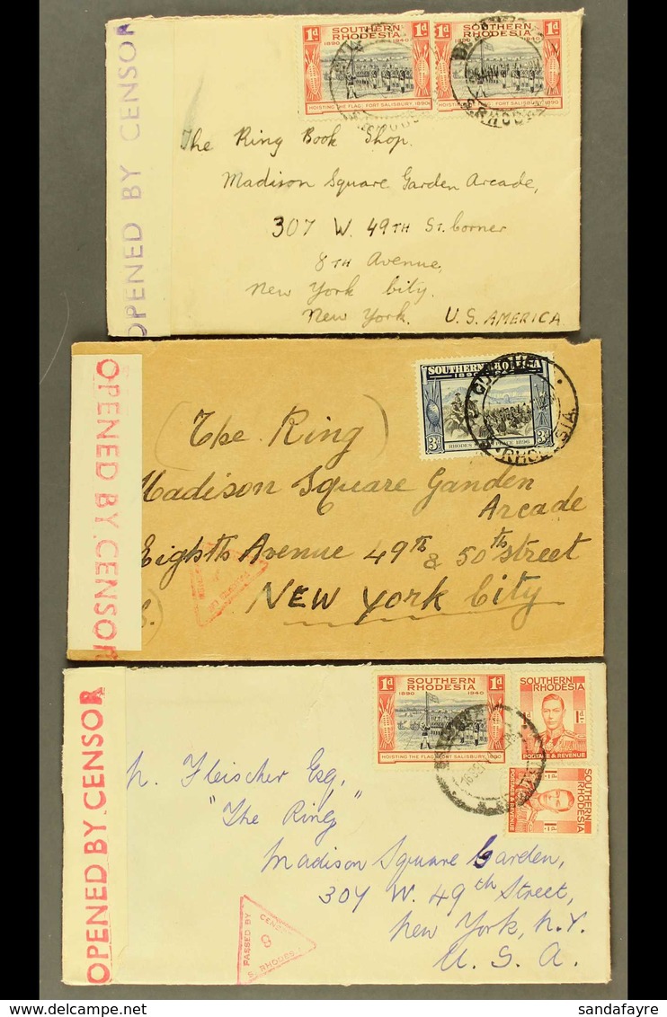 1941 OPENED BY CENSOR Three Envelopes To USA, Bearing KGVI Frankings, From Que Que, Bulawayo, And Salisbury, Each With R - Southern Rhodesia (...-1964)