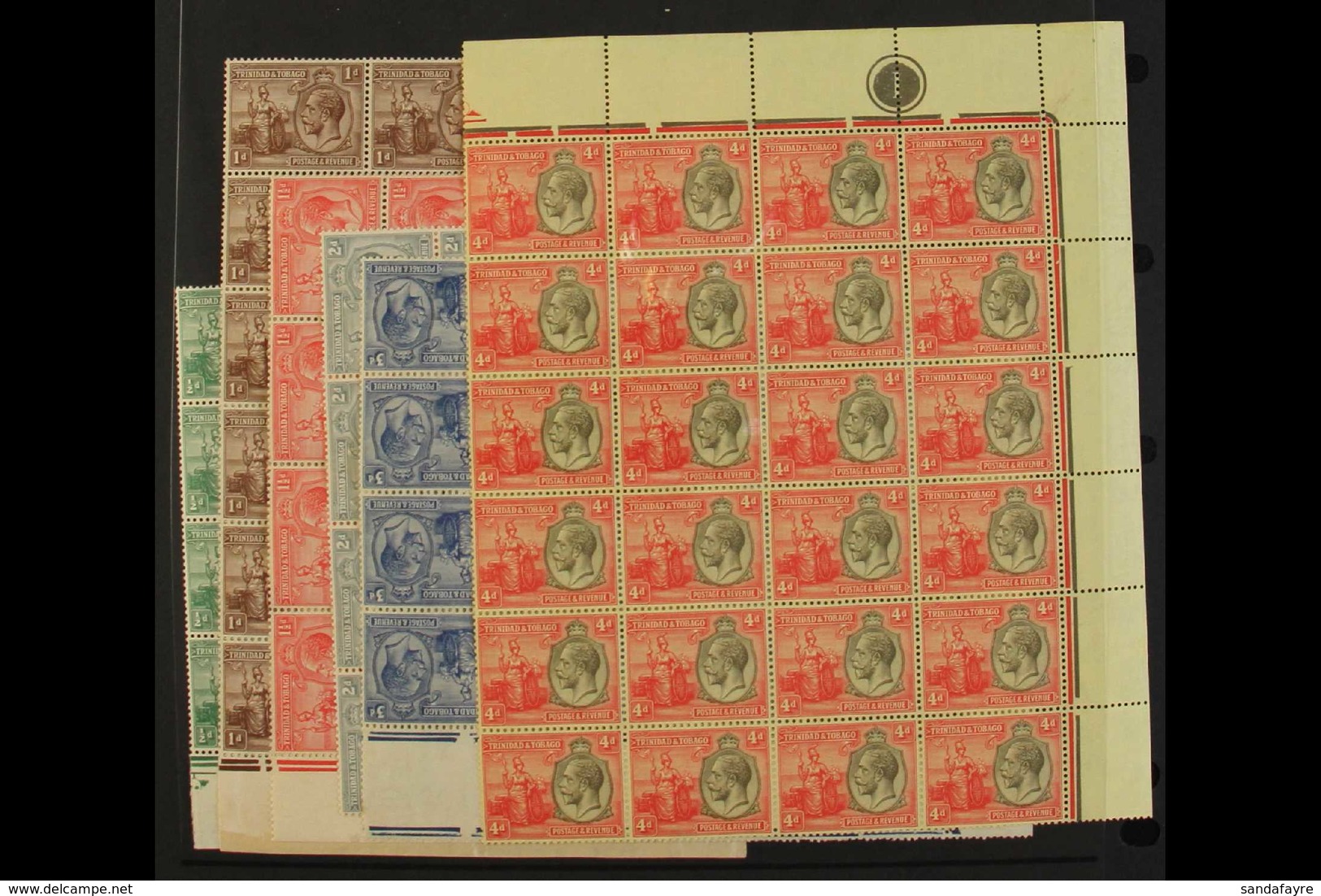 1922-28 KGV DEFINITIVES IN MULTIPLES - Incl. ½d, 1d, 1½d & 4d In Corner Blocks Of At Least 16 Stamps, Each With A Contro - Trindad & Tobago (...-1961)