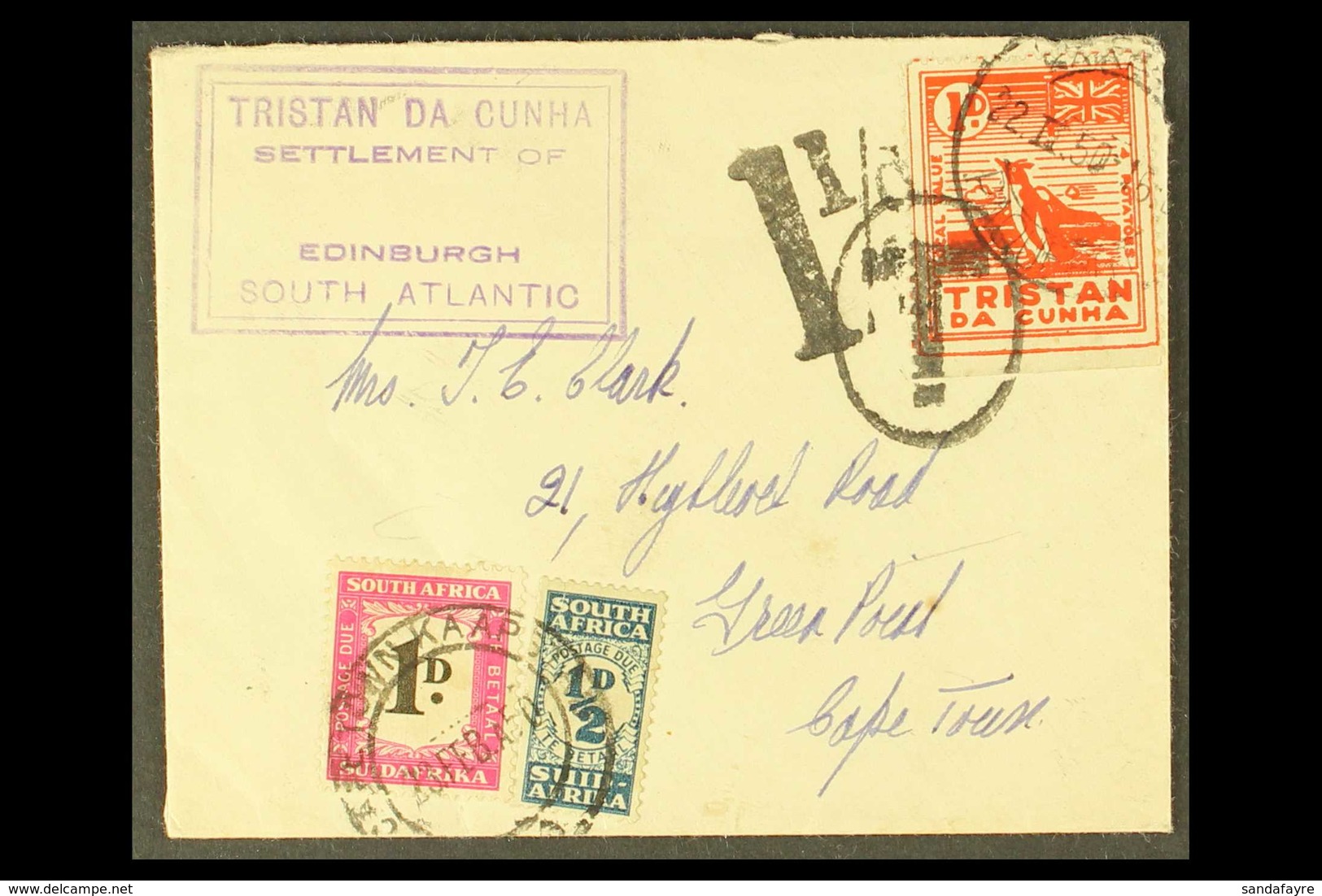 1950 Cover From Tristan Franked Violet Boxed Edinburgh Settlement Cachet, SG Type C11, With Additional 1d "Potato Stamp" - Tristan Da Cunha
