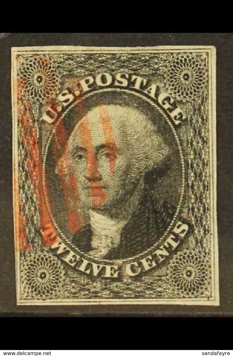 1851-57 12c Grey Black Washington, SG 19, Scott 17, With Four Neat Margins And Red Barred Cancel, Buhler Guarantee Mark. - Other & Unclassified