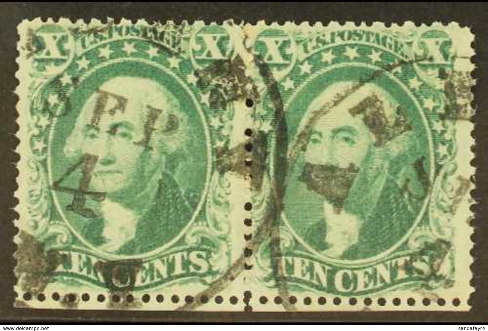 1857-61 10c Green Washington, Type III SG 37, Scott 33, Horizontal Pair Fine Cds Used, Buhler Guarantee Mark.  For More  - Altri & Non Classificati