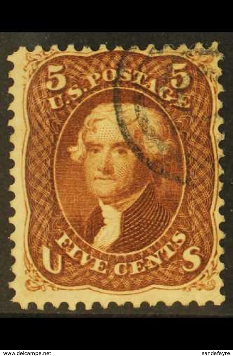 1862-66 5c Dark Red Brown Jefferson, SG 71a, Scott 75, Superb With Corner Target Cancel, Buhler Guarantee Mark.  For Mor - Other & Unclassified