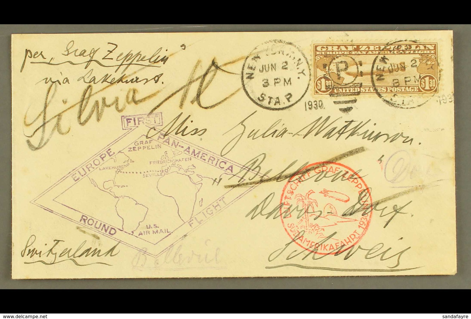 1930 Flown Cover From NYC To Switzerland, Franked $1.30 Brown Zeppelin Stamp, SC C14, Tied By NY Duplex With Violet Diam - Other & Unclassified