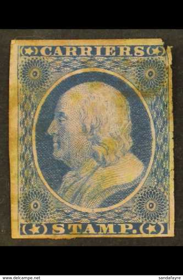 CARRIERS' STAMPS GENERAL ISSUE 1851 1c Dull Blue On Rose, Imperforate, Scott LO1, Used With Red Cancel, Thinned At Right - Altri & Non Classificati