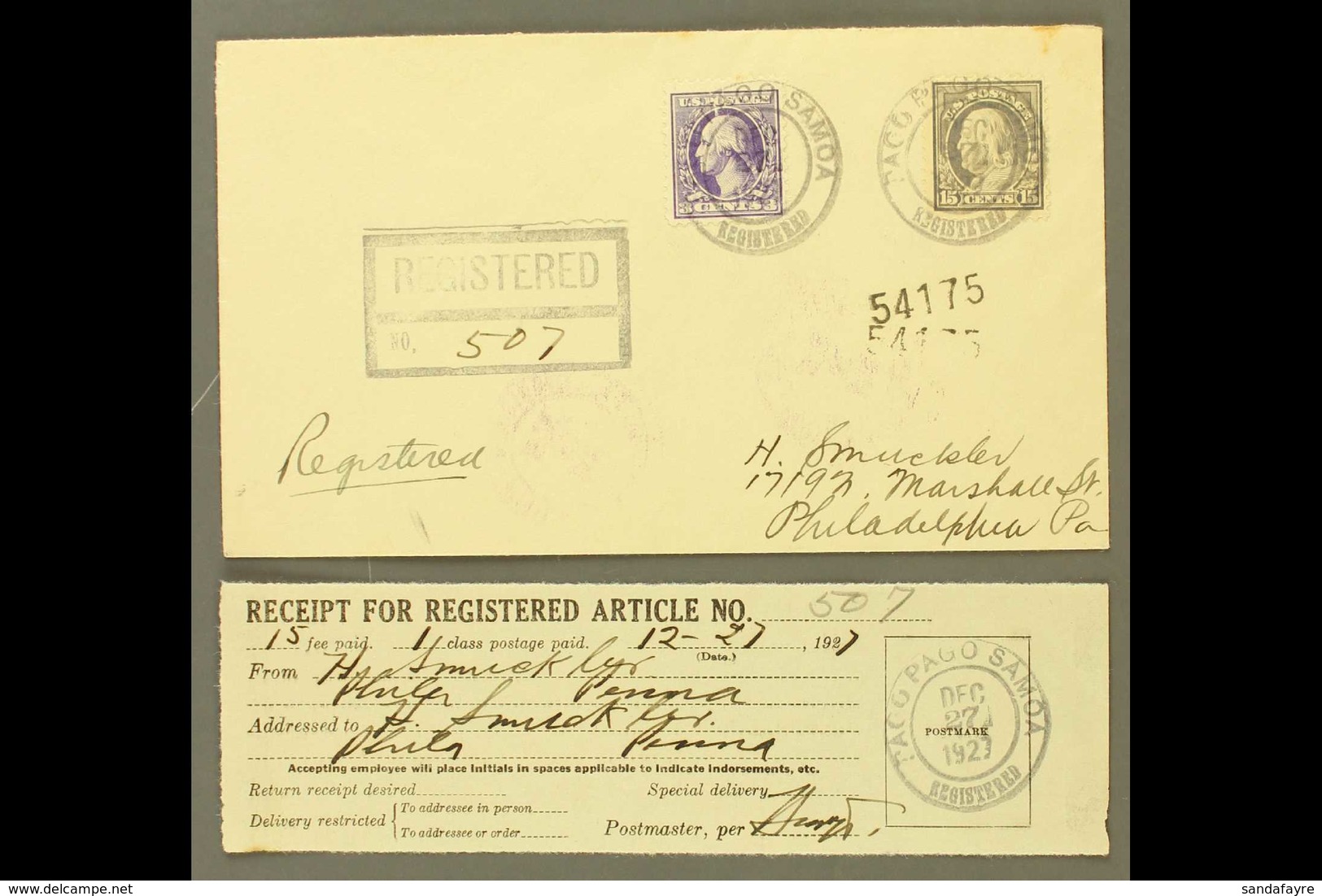 AMERICAN SAMOA 1927 (Dec 27) Registered Cover Franked With 3c Washington & 15c Franklin, Postmarked Pago Pago, Addressed - Altri & Non Classificati