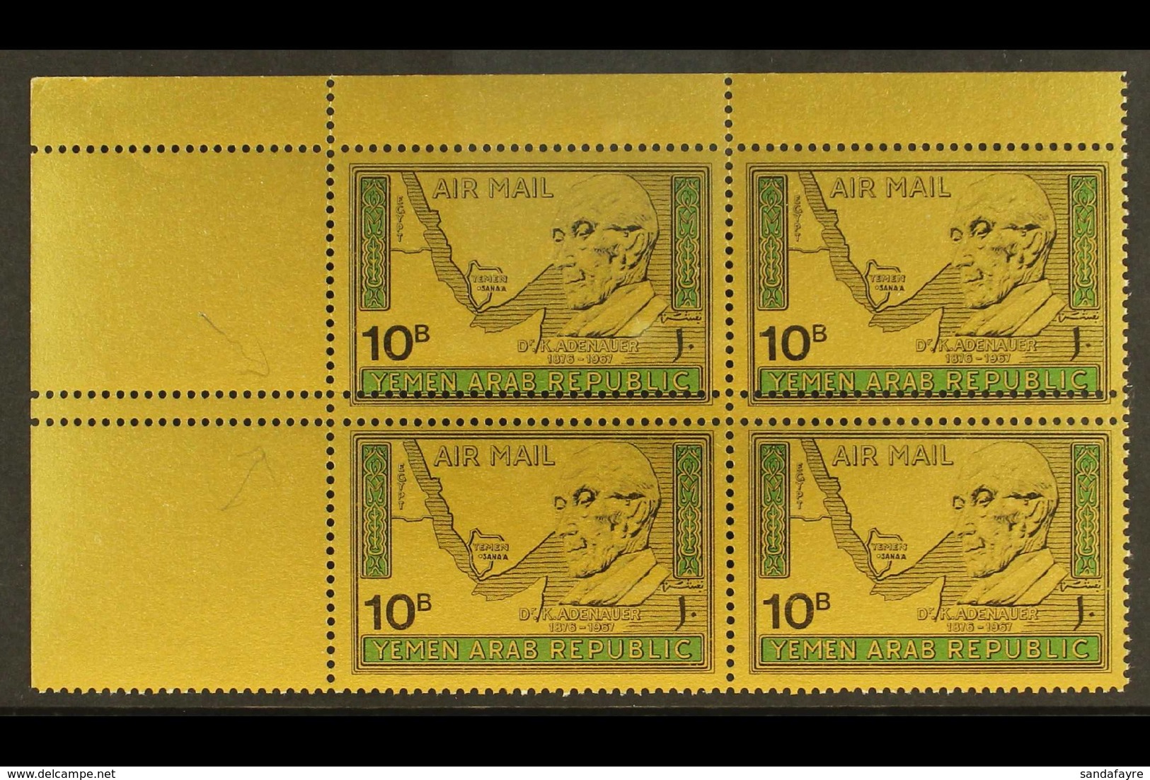 YEMEN ARAB REPUBLIC 1968 Air Adenauer Gold Papers Complete Set, Michel 719/21, Very Fine Never Hinged Mint Corner BLOCKS - Yemen