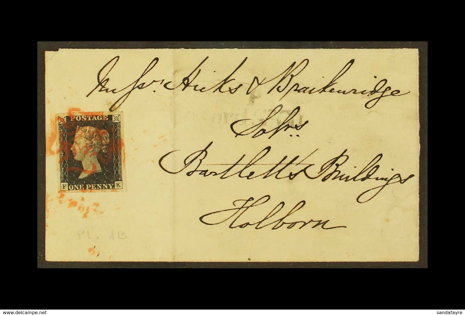 1840 (19 Jun) Wrapper Bearing 1d Black 'FK' Plate 1b With 4 Large Neat Margins Tied By Red MC Cancellation. File Crease  - Unclassified