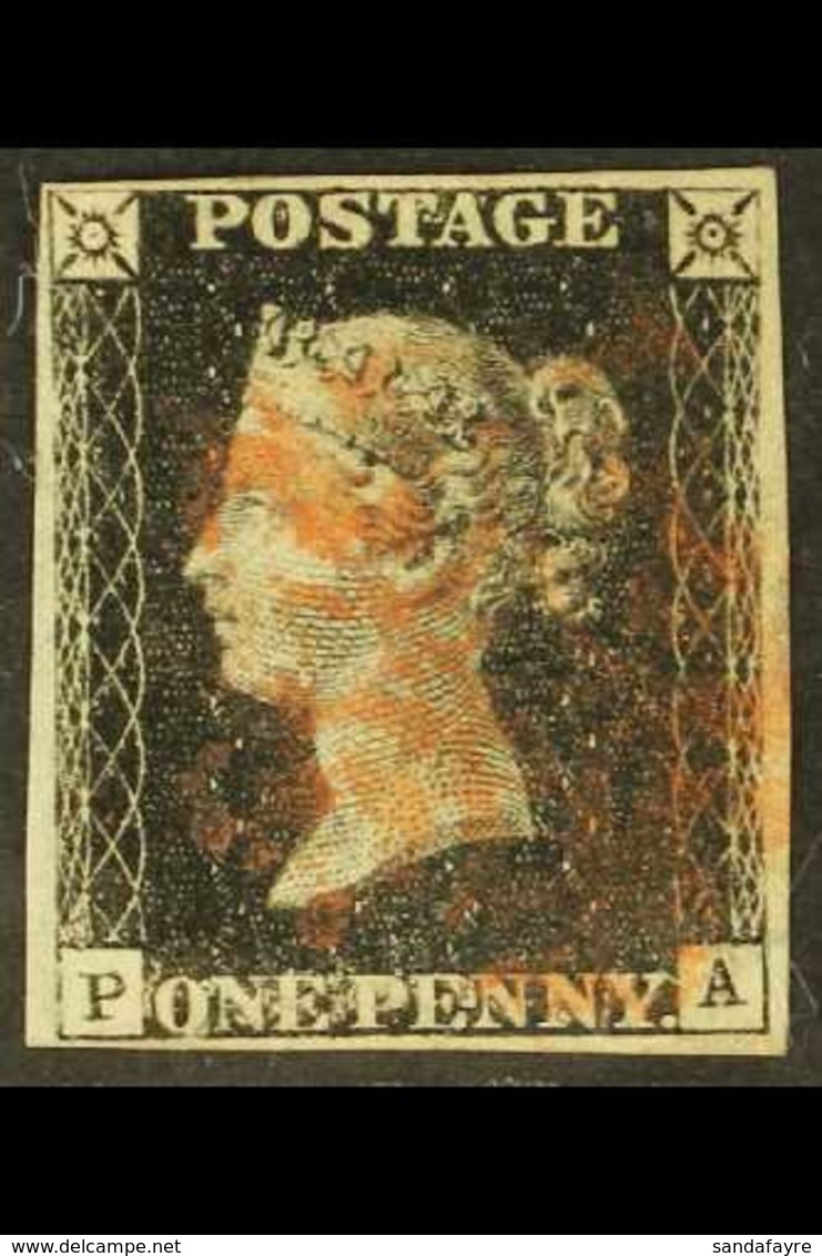 1840 1d Black, SG 2, Check Letters "P-A" Plate 9 With Red Maltese Cross Cancellation, 4 Clear Margins For More Images, P - Unclassified