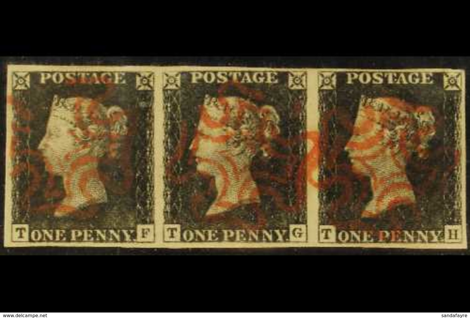 1840 1d Intense Black STRIP OF THREE 'TF - TH' From Plate 1b, SG 1, Used With 4 Large Margins & Superb Red MC Cancellati - Non Classificati