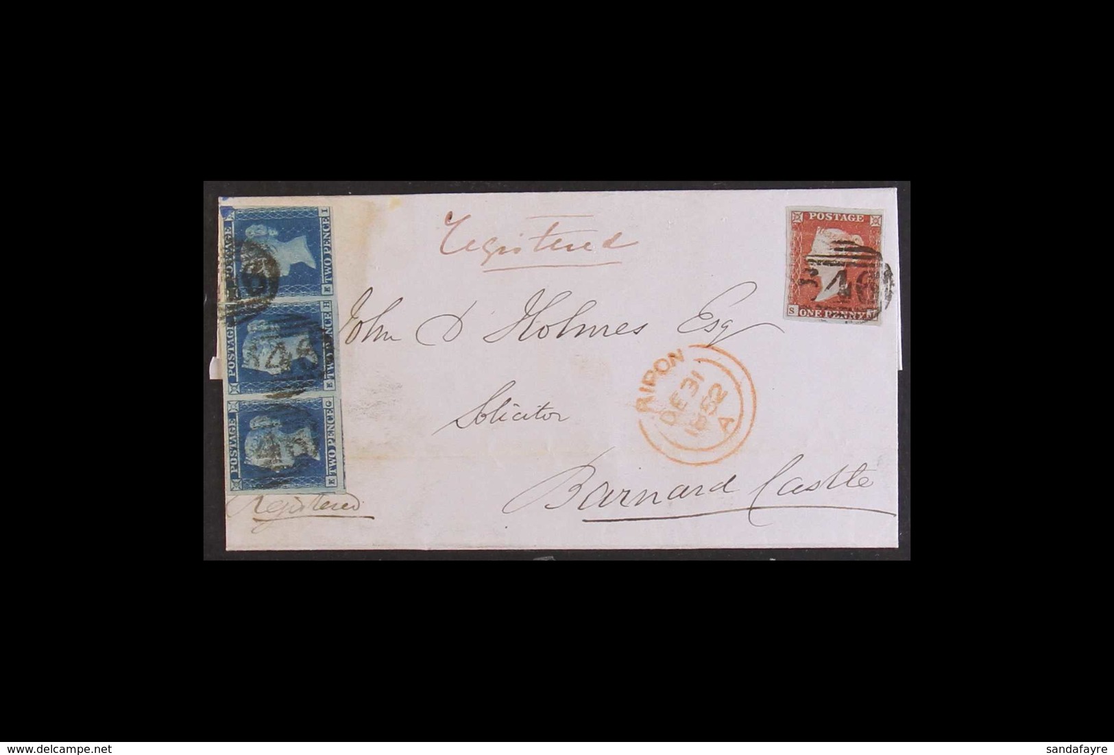 1852 (Dec 31st) E/L From Ripon To Barnard Castle Bearing An 1841 Imperf 1d Red "S-J" & A Strip Of Three 1841-51 2d Blue  - Altri & Non Classificati