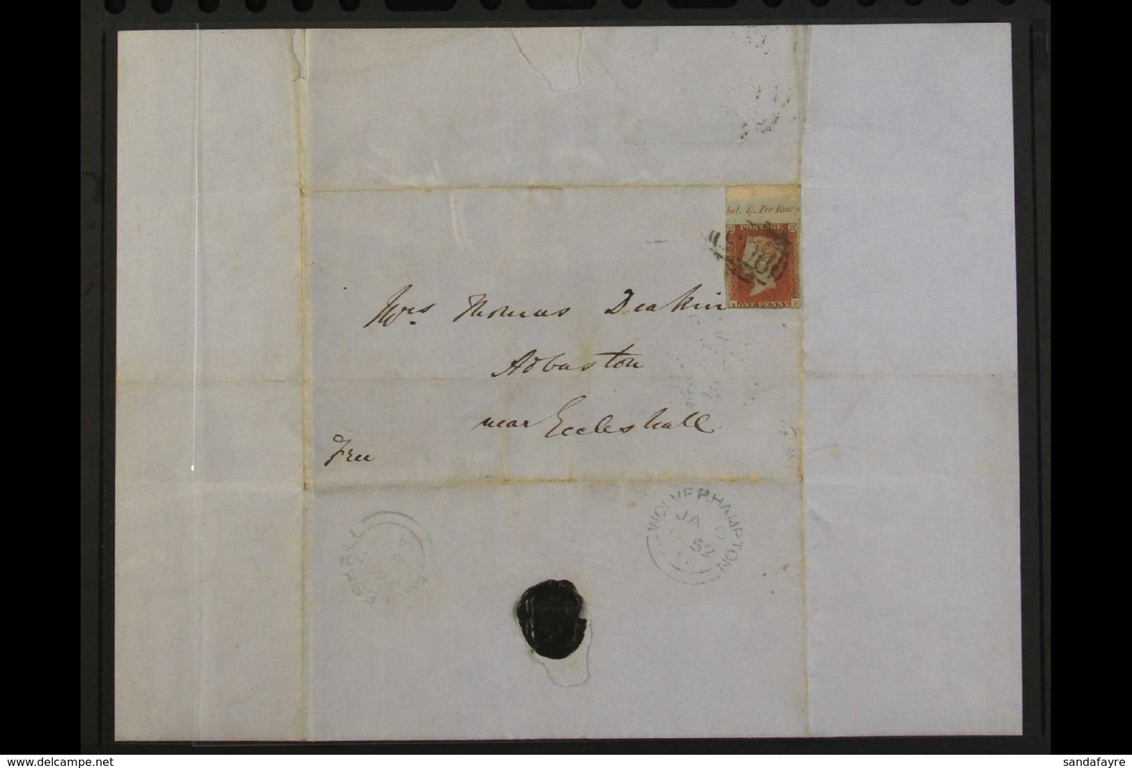 1852 (Jan 6th) E/L From Wolverhampton To Eccleshall, Bearing An 1851 Upper Marginal 1d Red "A - B" Tied By "905" Wolverh - Altri & Non Classificati