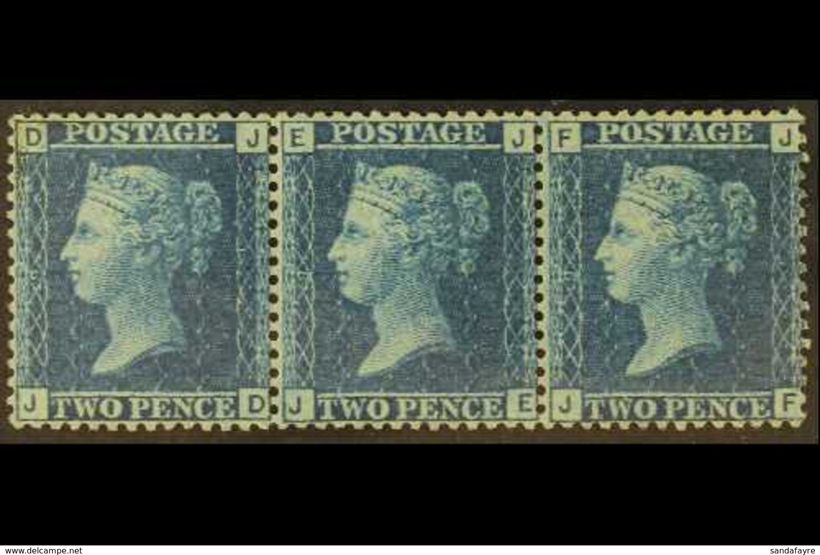 1858-76 2d Blue Plate 9 (SG 45) Mint STRIP OF THREE , 'JD' Never Hinged & 'JE-JF' Lightly Hinged, Fresh & Well- Centered - Altri & Non Classificati
