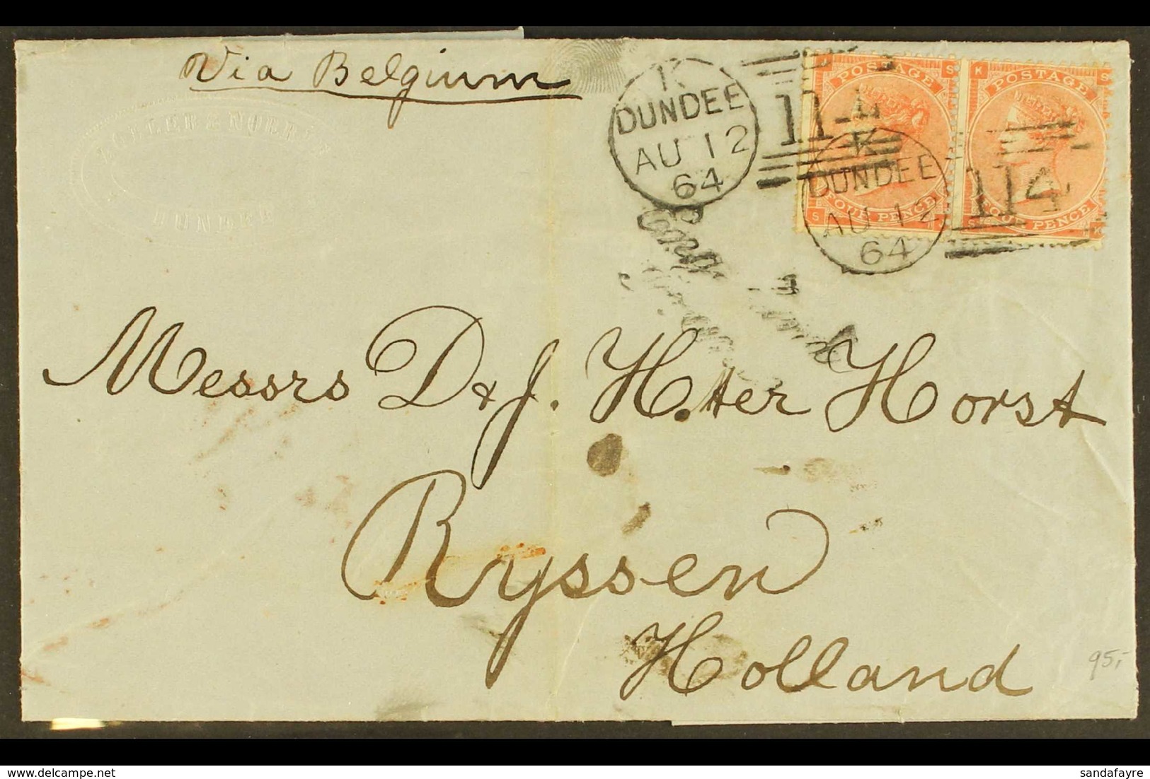 1862-64 PAIR ON COVER (12th Aug) E/L From Dundee To Holland Bearing 4d Pale Red (Hair Lines) Pair, Tied By "114" Dundee  - Other & Unclassified