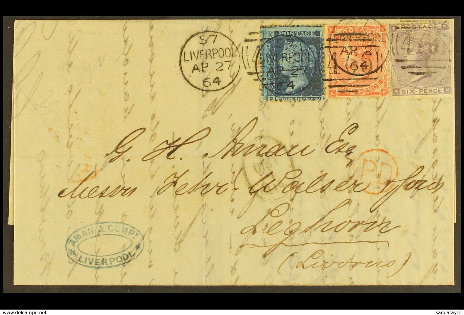 1864 TERRIFIC 3 COLOUR FRANKING 1864 (27th April) E/L To Italy Bearing An 1858-76 2d Blue Plate 9 (SG 45), 1862-64 4d Pa - Altri & Non Classificati