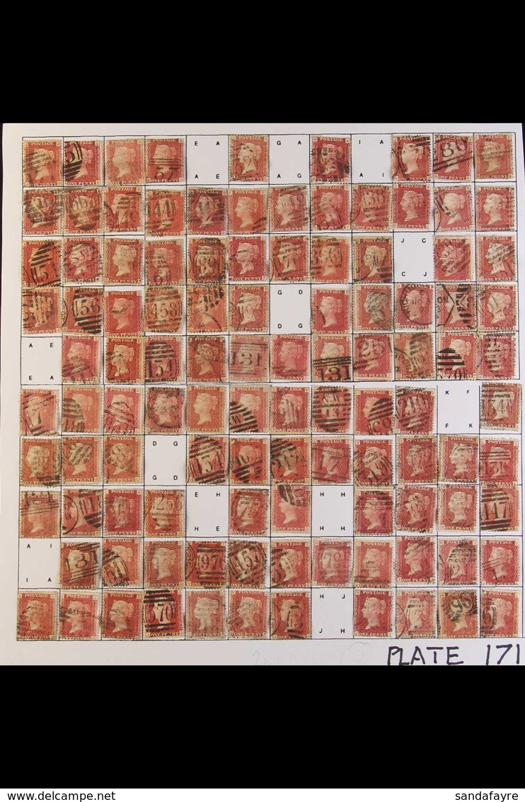 1864-79 PENNY RED PARTIAL PLATE RECONSTRUCTION PLATE 171 - A Fairly Complete Used Reconstruction With 215 Of The 240 Che - Other & Unclassified