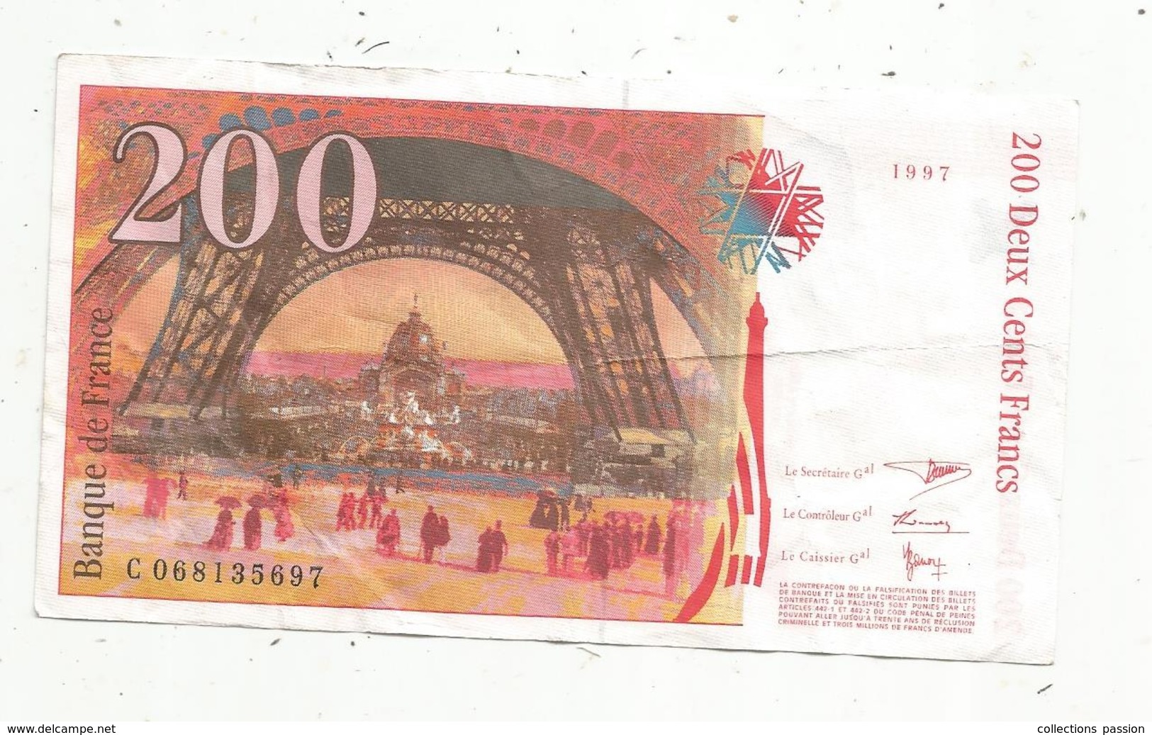 Billet , 200 , Deux Cents Francs , EIFFEL , 1997 , 2 Scans - 200 F 1995-1999 ''Eiffel''